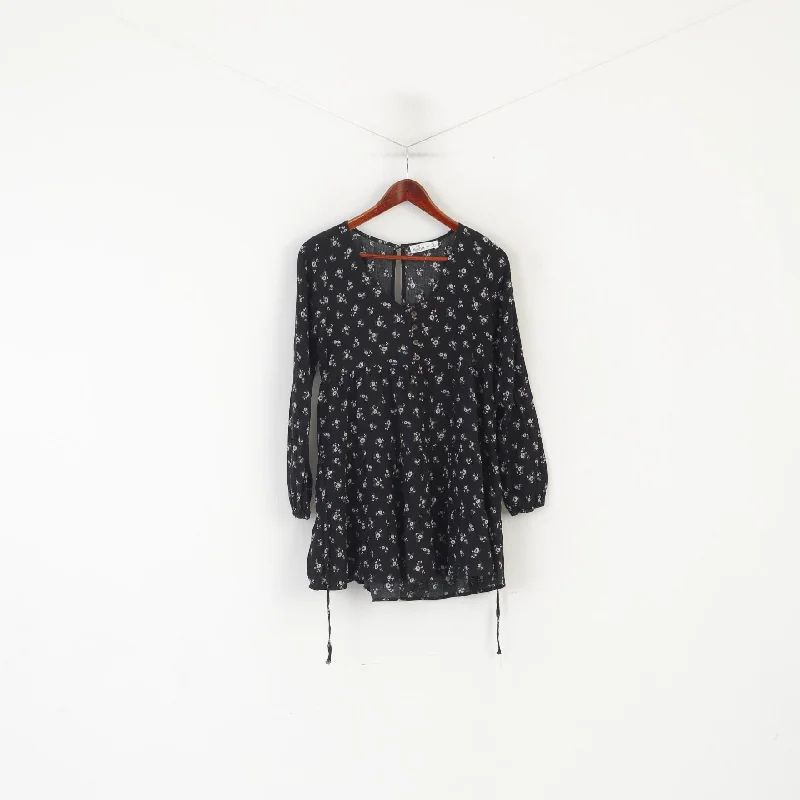 Hollister Women S Mini Dress Black Viscose Floral Short Summer Long Sleeve