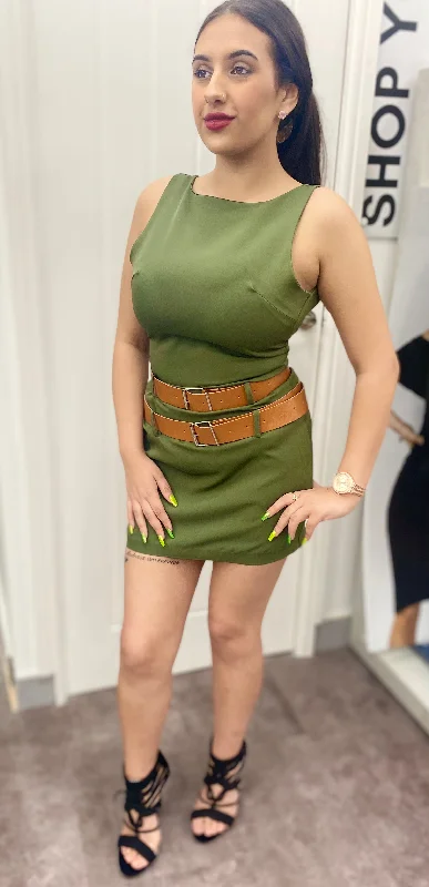 ROSIE KHAKI DOUBLE BELTED STRETCH SLEEVELESS MINI DRESS