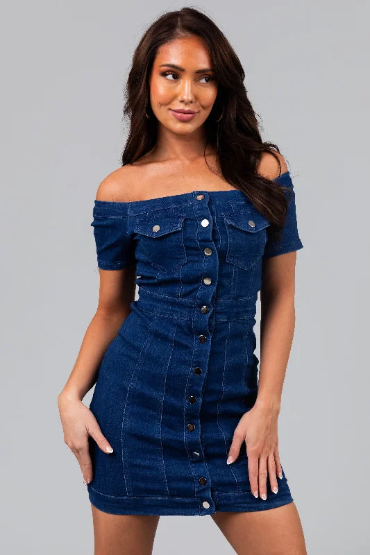 Dark Wash Denim Off Shoulder Button Mini Dress Trendy Mesh Mini Dress