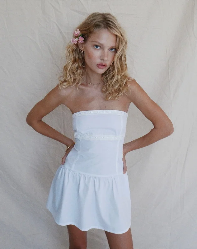 Faelyn Bandeau Mini Dress in Poplin White Comfortable Polka Dot Mini Dress
