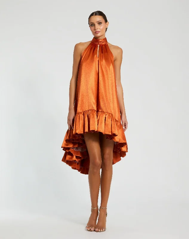 Orange High Neck Satin Mini Dress With Keyhole Stylish Puff Sleeve Mini Dress