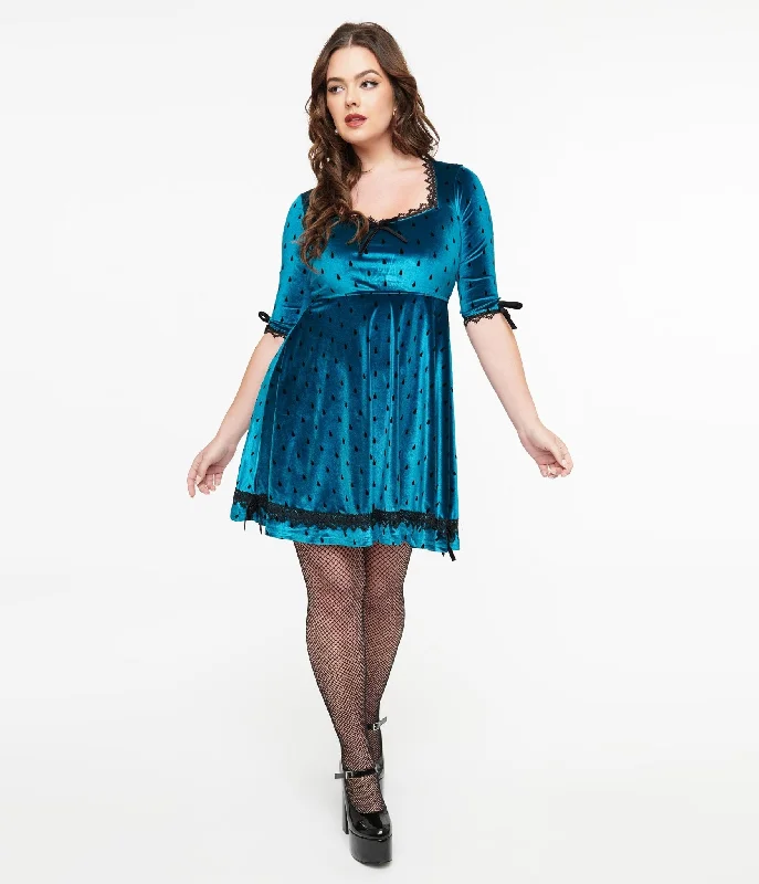 Jawbreaker Teal & Black Teardrop Velvet Mini Dress Stylish Ruffle Mini Dress