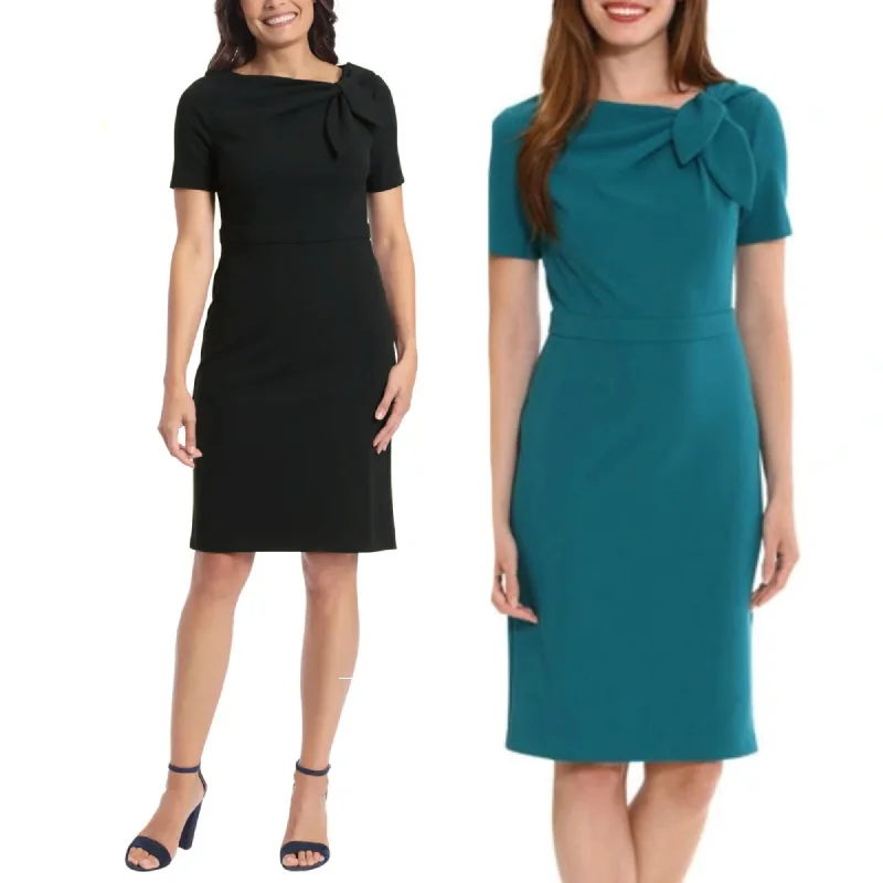 London Times Women's Short Sleeve Gathered Neck Tie Sheath Mini Dress