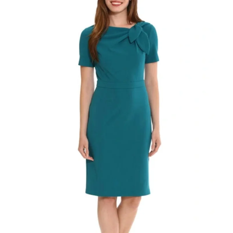 London Times Women's Short Sleeve Gathered Neck Tie Sheath Mini Dress