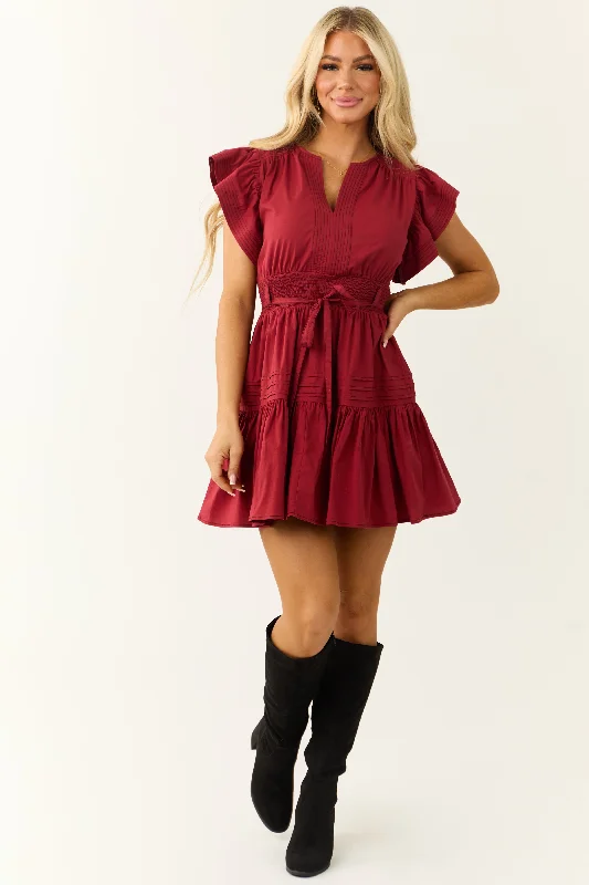 Maroon Ruffle Short Sleeve V Neck Mini Dress Stylish Button-Down Mini Dress