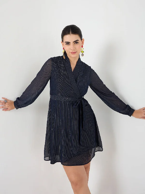 Navy Lurex Wrap Mini Dress Stylish Sweetheart Neck Mini Dress