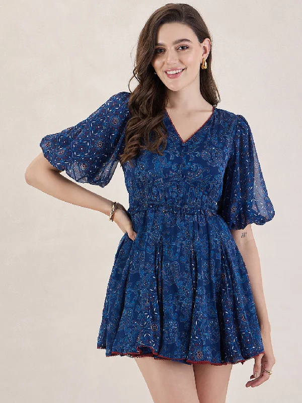 Navy Paisley Printed Mini Dress Elegant Tulle Mini Dress