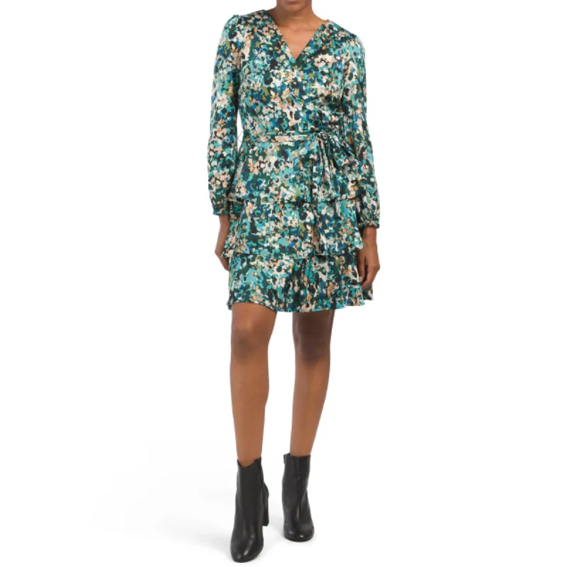 Nicole Miller NY Women's Floral Print Long Sleeve Ruffle Tiered Mini Dress