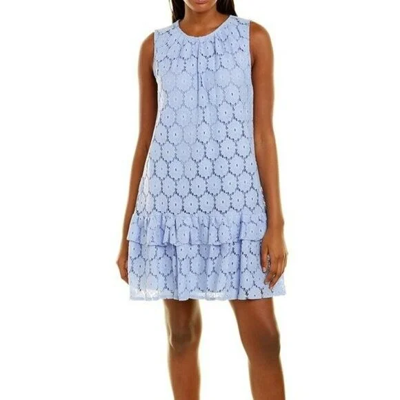 London Times Sleeveless Tiered Ruffle Hem Floral Lace Mini Dress