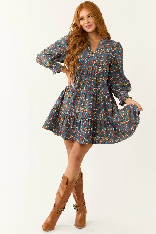 Ocean Corduroy Floral Print Tiered Mini Dress Chic Bohemian Mini Dress