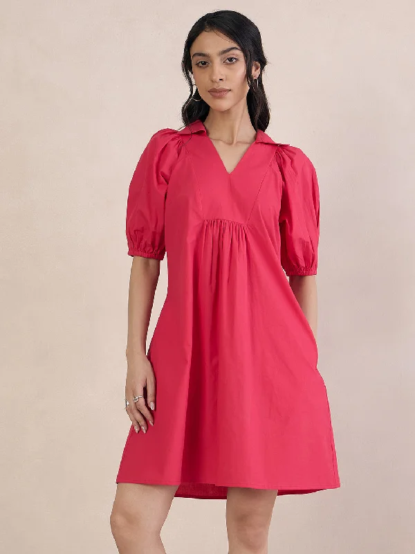 Pink Poplin V-Neck Mini Dress Comfortable Zip-Up Mini Dress
