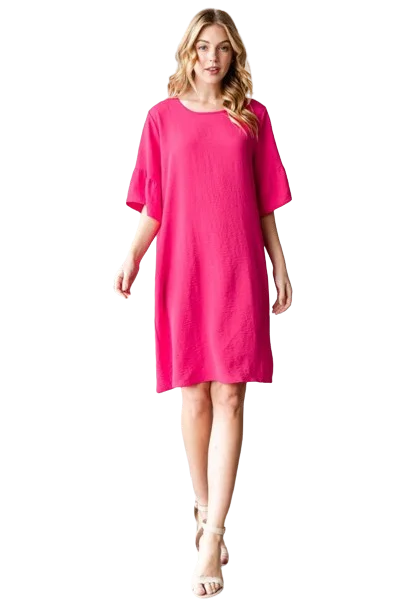 Plus Size Ruffled Round Neck Solid Mini Dress with Keyhole Back and Side Pocket Hot Pink - Pack of 6 Comfortable Zip-Up Mini Dress