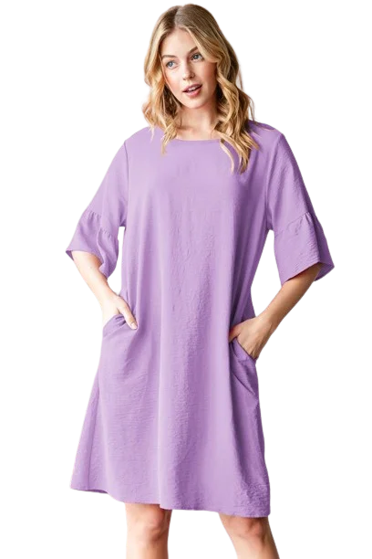 Plus Size Ruffled Round Neck Solid Mini Dress with Keyhole Back and Side Pocket Lavender - Pack of 6 Cozy Cowl Neck Mini Dress