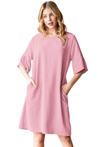 Plus Size Ruffled Round Neck Solid Mini Dress with Keyhole Back and Side Pocket Mauve  - Pack of 6 Fashionable Mini Dress with Slits