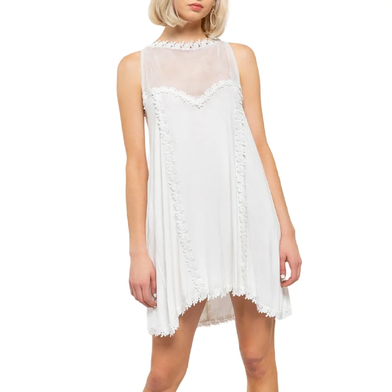 POL Boho Mesh Yoke Crochet Lace Trim Hi-Low Hem Mini Dress