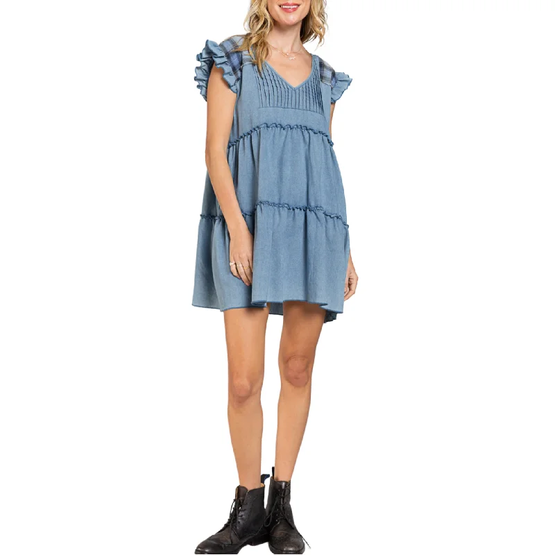 POL Women's Denim Raffle Sleeve Tired Mini Dress