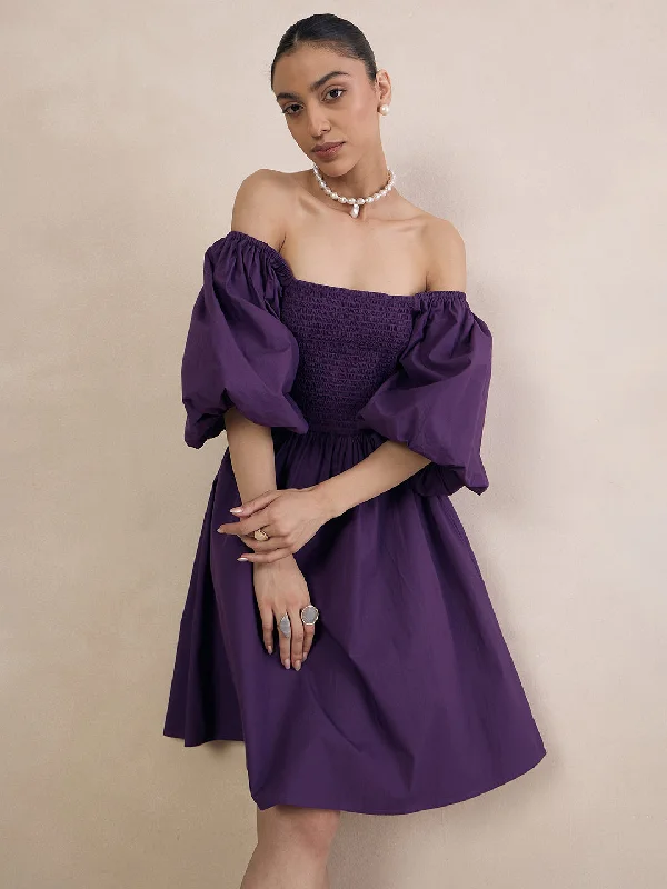 Purple Poplin Smocked Mini Dress Cozy Cowl Neck Mini Dress
