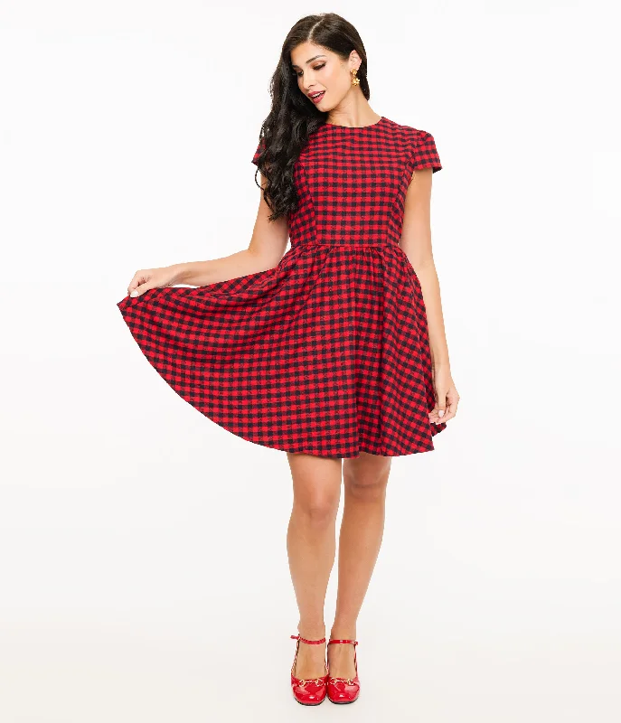 Red & Black Plaid Mini Dress Stylish Short Sleeve Mini Dress