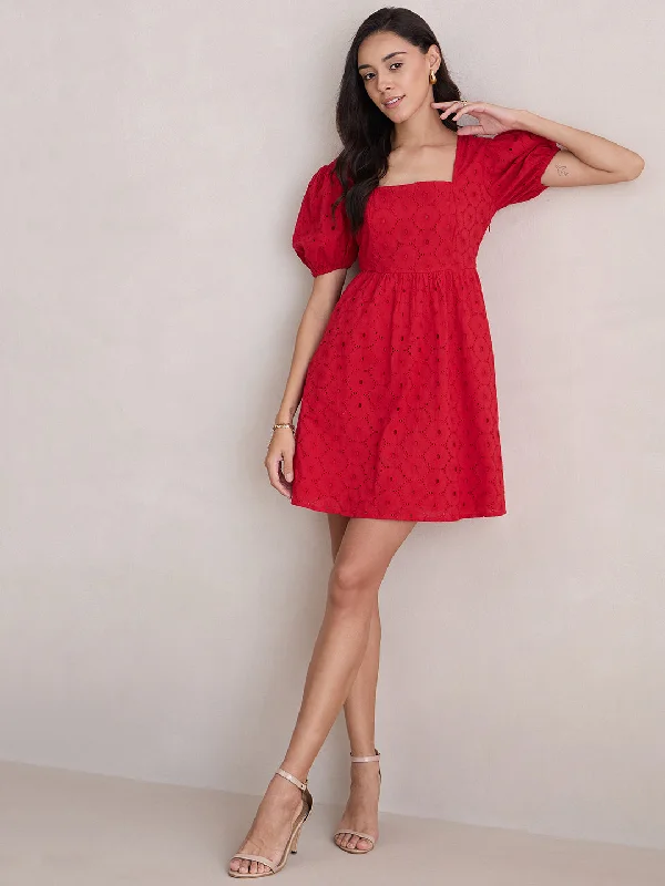 Red Cotton Schiffli Square Neck Mini Dress Stylish Spaghetti Strap Mini Dress