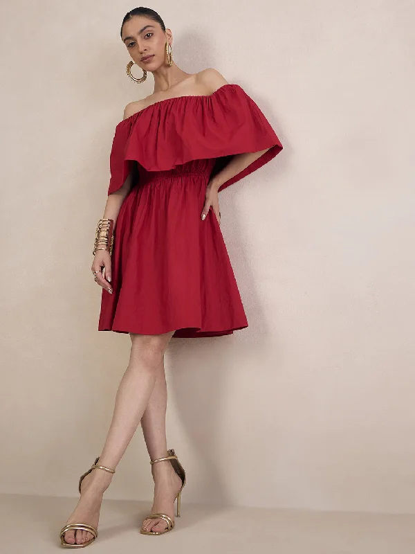 Red Poplin Off-Shoulder Mini Dress Casual Mini Dress with Pockets