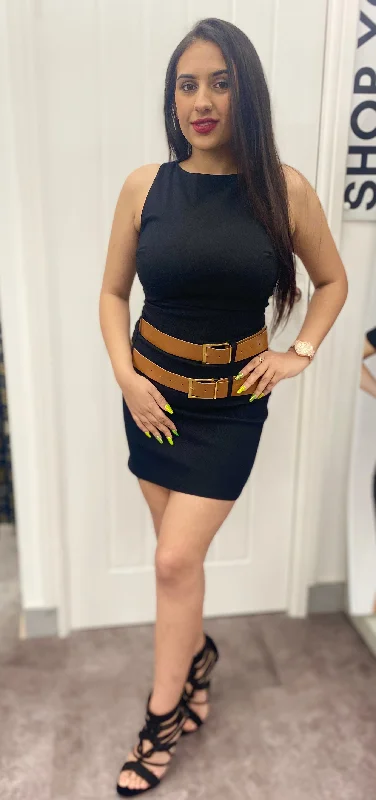 ROSIE BLACK DOUBLE BELTED STRETCH SLEEVELESS MINI DRESS