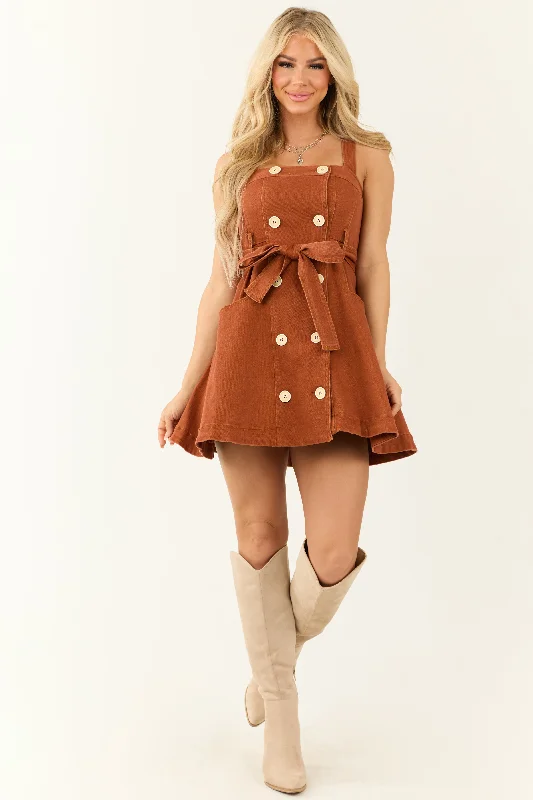 Rust Double Button Denim Mini Dress with Waist Tie Trendy Tie-Dye Mini Dress
