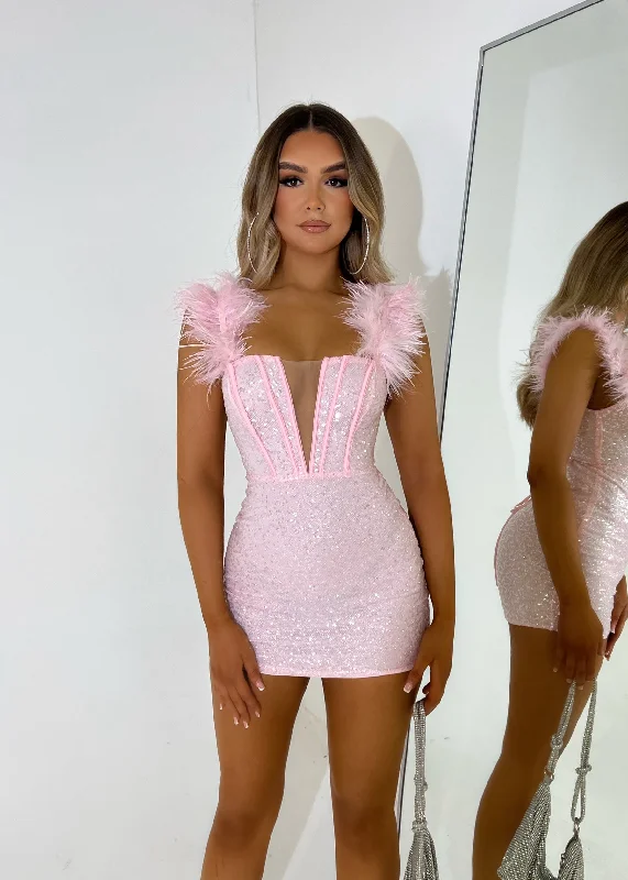 Saski Feather Mini Dress - Pink Chic Puff Sleeve Mini Dress