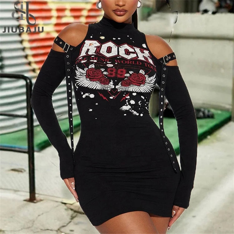 Sexy Half High Neck Eyelet Graphic Mini Dress Women Long Sleeve Bodycon Spring Dress