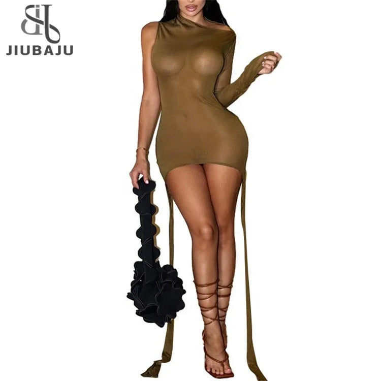 Sexy Mesh See Through Bodycon Mini Dress Women Single Long Sleeve