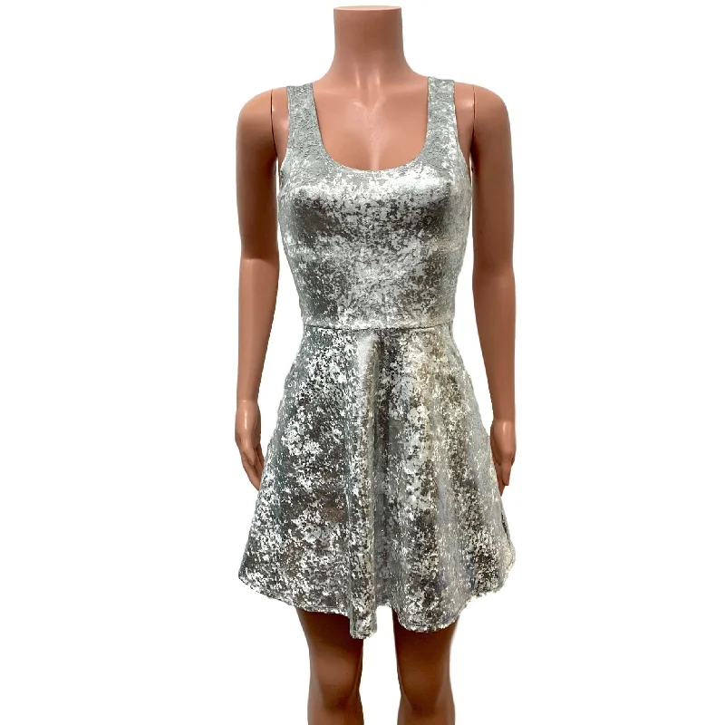 Silver Gilded Velvet A-line Mini Dress w/Pockets Elegant Satin Mini Dress