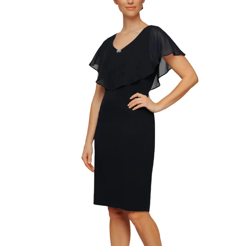 SL Fashions Women's Plus V-neck With Popover Sheer Details Sheath Mini Dress