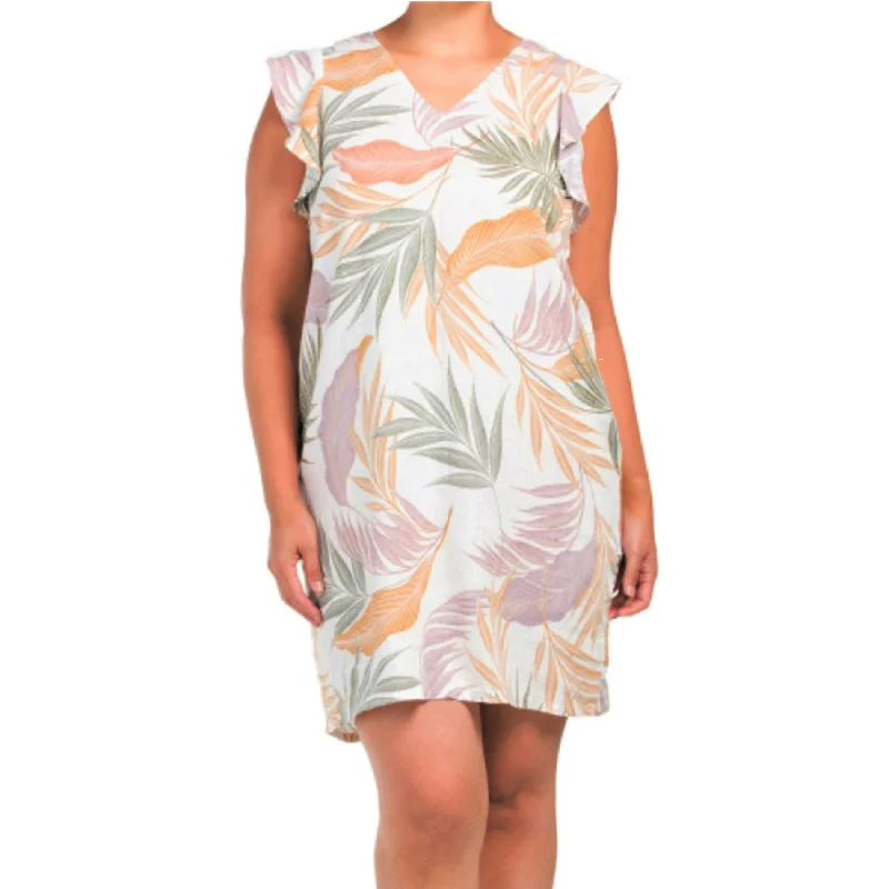 Tahari Plus Tropical Floral Print Linen Flutter Sleeve Shift Mini Dress