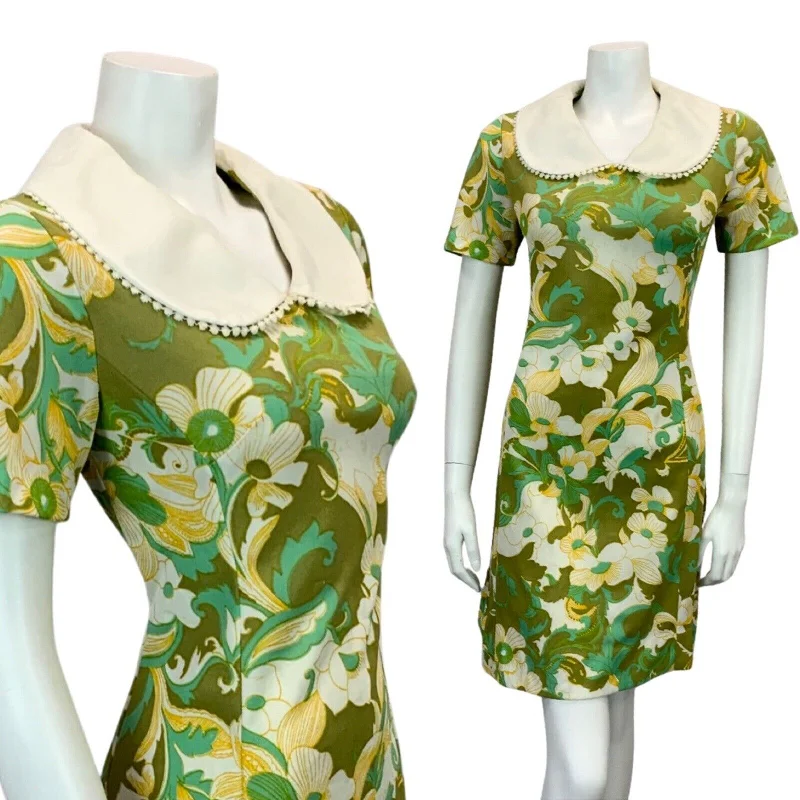 VINTAGE 60s 70s OLIVE GREEN TURQUOISE ORANGE FLORAL PRINT MINI DRESS 8 10