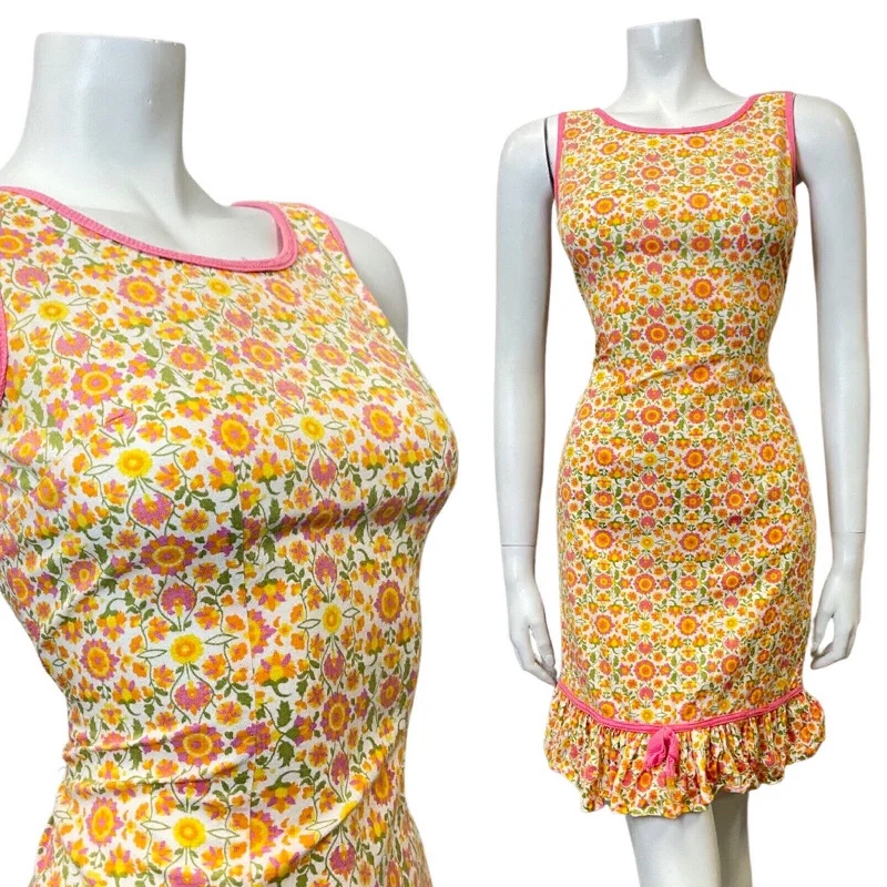 VINTAGE 60s 70s ORANGE PINK WHITE DITSY FLOWER SLEEVELESS MOD MINI DRESS 8 10