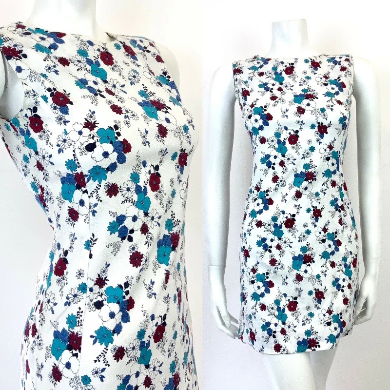 VINTAGE 60s 70s WHITE WINE RED BLUE FLORAL BOHO MOD SLEEVELESS MINI DRESS 8