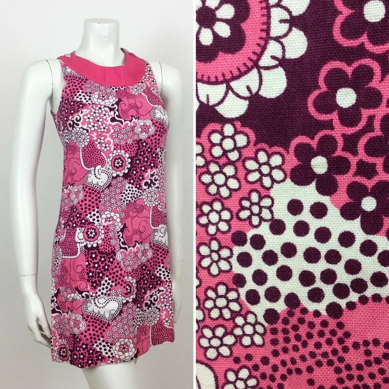 VINTAGE 60S COTTON PINK PURPLE PSYCHEDELIC FLORAL MINI DRESS  8 10