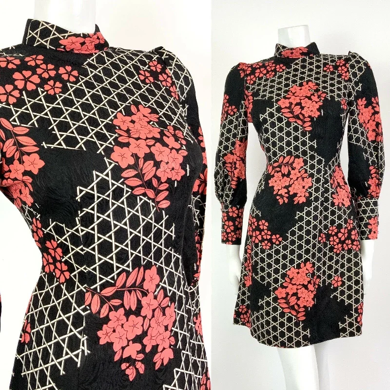 VTG 60s 70s BLACK WHITE PINK GEOMETRIC HONEYCOMB BLOSSOM MOD MINI DRESS 8 10