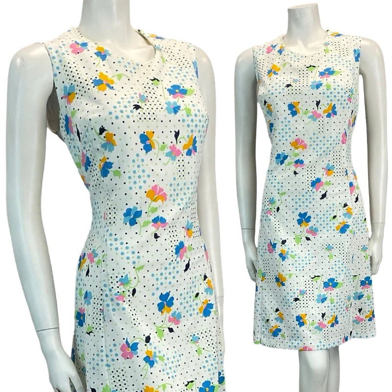 VTG 60S 70S SUMMER MOD GOGO SCOOTER MINI DRESS FLORAL DOTS 8 10