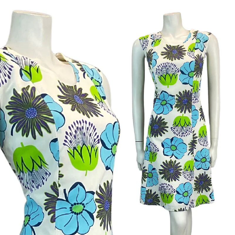 VTG 60S 70S WHITE BLUE GREEN FLORAL MOD A-LINE MINI DRESS 8 10