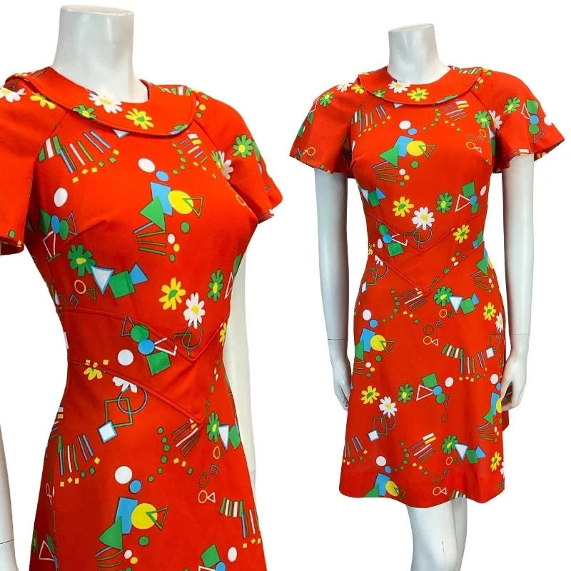 VTG 70S GEOMETRIC FLORAL DAISY MINI DRESS RED GREEN BLUE YELLOW 6 8