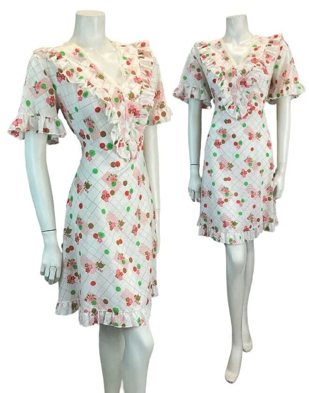 VTG 70S WHITE PINK GREEN COTTON FEEL SUMMER MINI DRESS GRID FLORAL 12 14