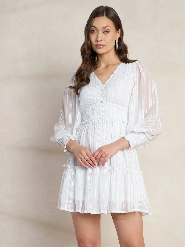 White Lurex Tiered Mini Dress Elegant Mini Dress with Pleats