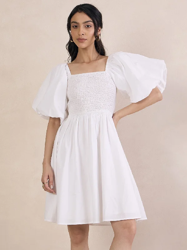 White Poplin Smocked Mini Dress Elegant Mini Dress with Ruffles