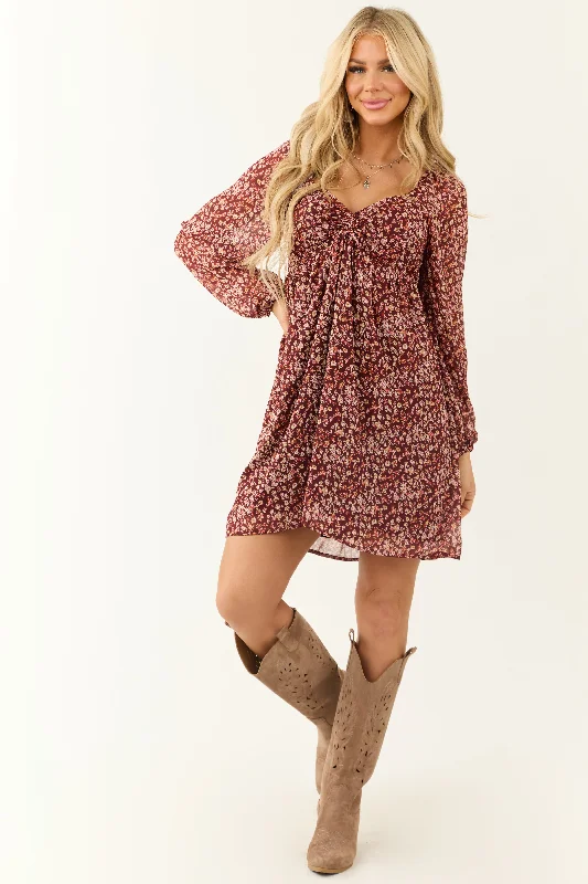 Wine Floral Print V Neck Smocked Mini Dress Fashionable Off-Shoulder Mini Dress