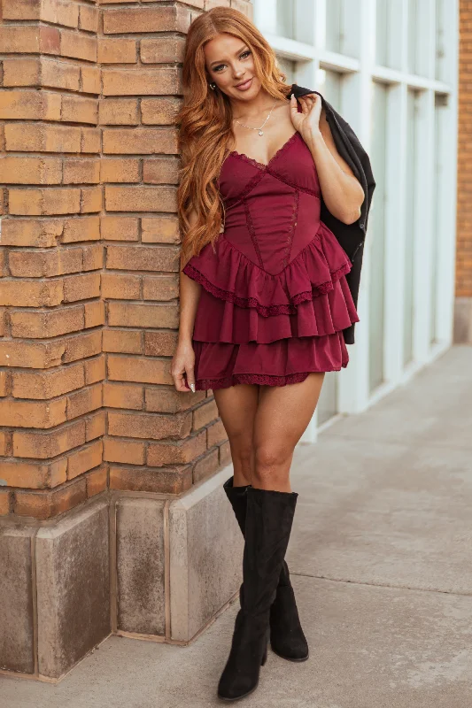Wine Sleeveless Lace Trim Layered Mini Dress Trendy Off-Shoulder Dress Mini