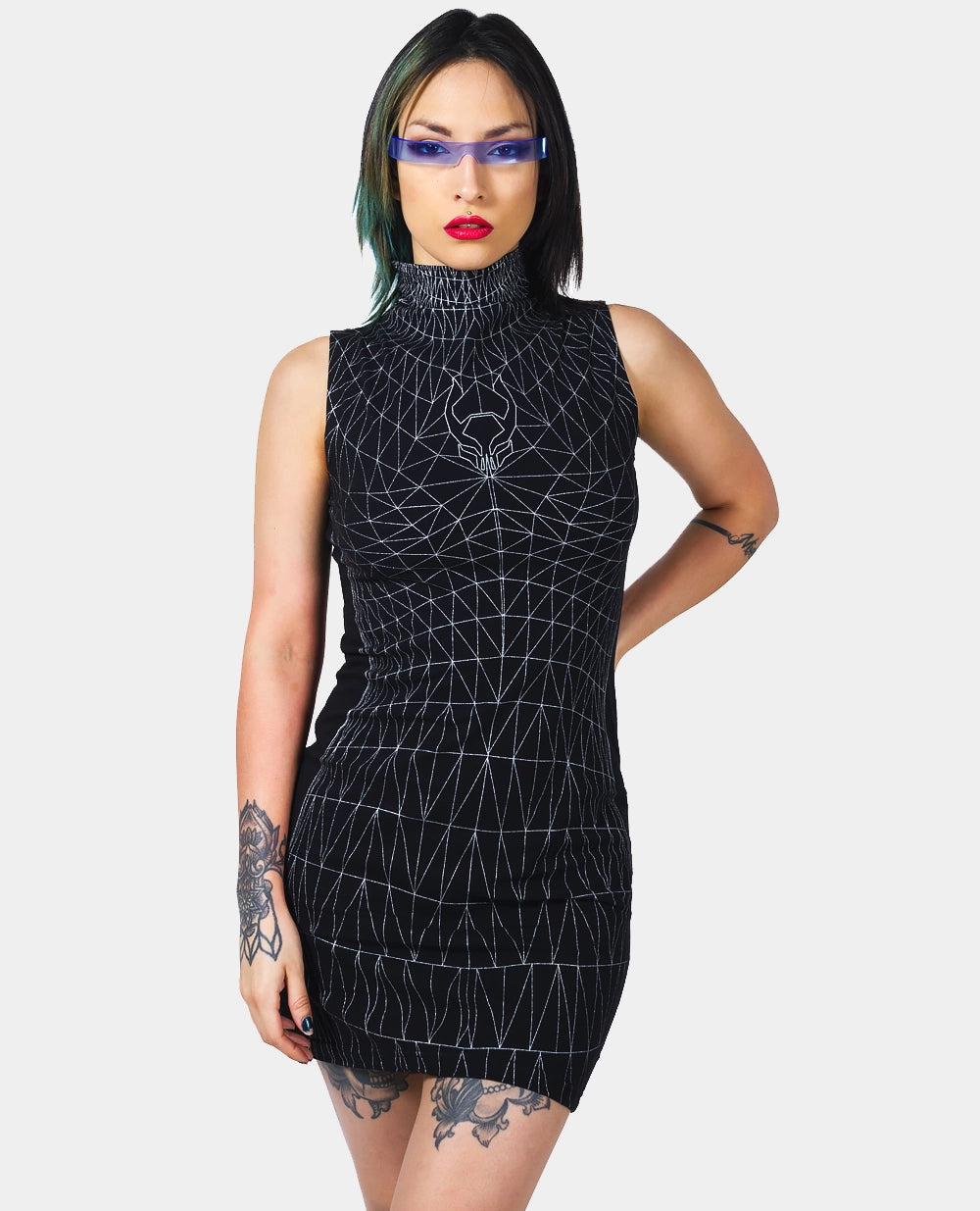 WIREFRAME HI NECK MINI DRESS Chic Mini Dress with V-Neck