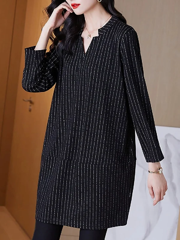 Women Autumn Casual Stripe V-Neck Mini Dress Fashionable Lace-Trim Mini Dress