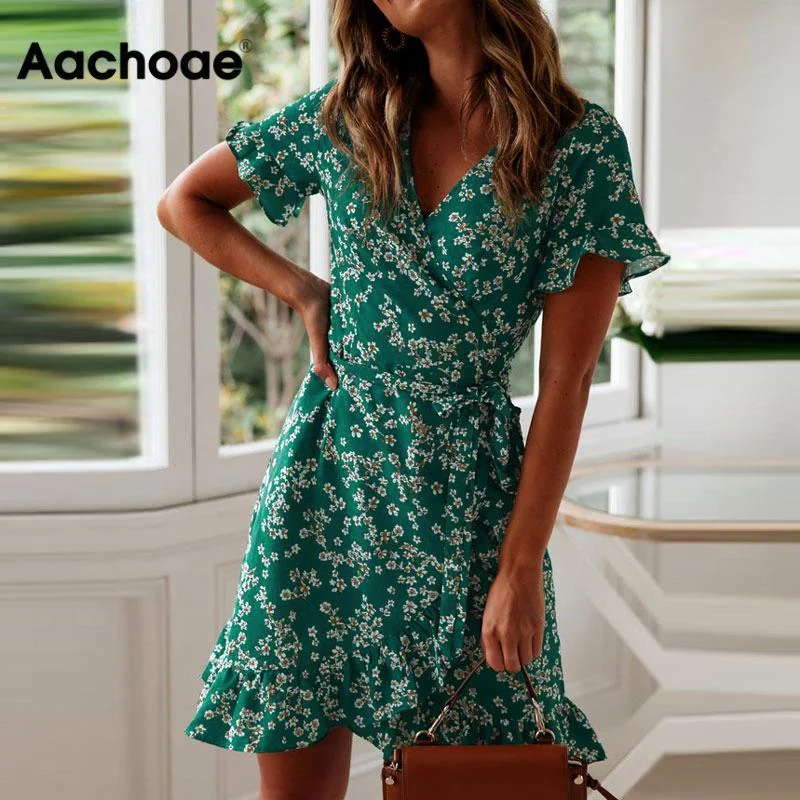 Women Dresses Summer Sexy V Neck Floral Print Boho Beach Dress Ruffle Short Sleeve A Line Mini Dress Sundress