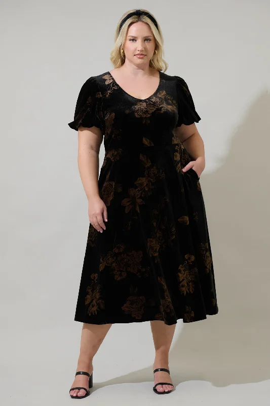 Ace Floral Abrina Velvet Midi Dress Curve Fashionable A-Line Midi Dress