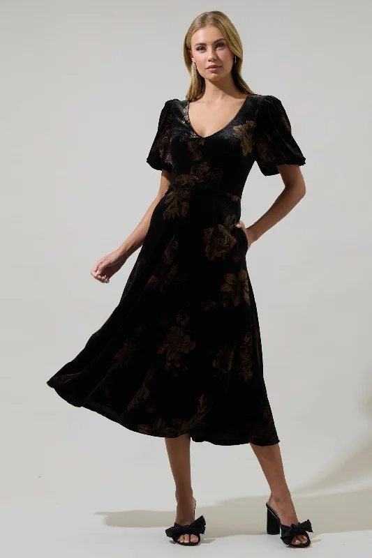 Ace Floral Abrina Velvet Midi Dress Trendy Smocked Detail Midi Dress